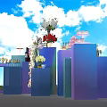 Colorful Cube Platforms Display Food Drinks Cakes Wine With Flower Decorations Against Blue Sky Clouds