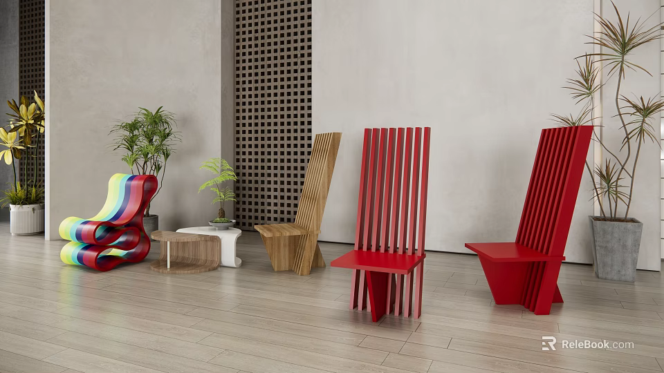 Colorful Red and Wooden Leisure Chairs With Vertical Slat Design and Potted Plants in Modern Room 3d model 
