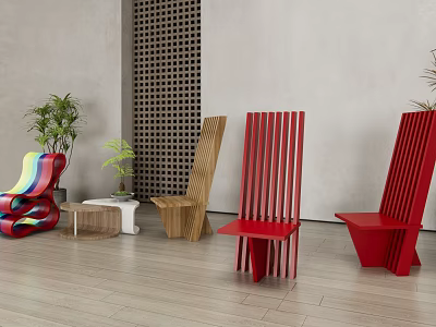 Colorful Red and Wooden Leisure Chairs With Vertical Slat Design and Potted Plants in Modern Room 3d model