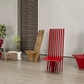 Colorful Red and Wooden Leisure Chairs With Vertical Slat Design and Potted Plants in Modern Room