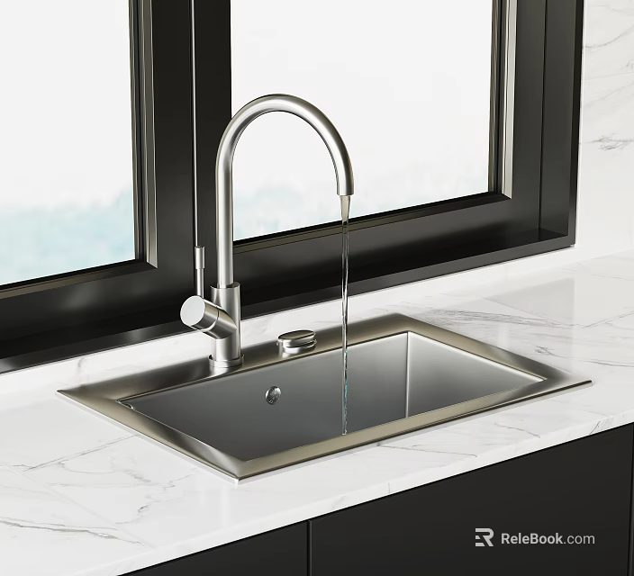 Stainless Steel Kitchen Sink with Modern Faucet on Marble Countertop near Window 3d model 
