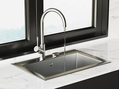 Stainless Steel Kitchen Sink with Modern Faucet on Marble Countertop near Window 3d model