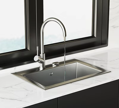 Stainless Steel Kitchen Sink with Modern Faucet on Marble Countertop near Window 3d model