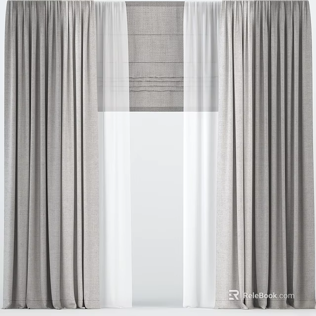 Modern Gray Linen Curtains With Sheer Panels For Window Decoration 3d model
