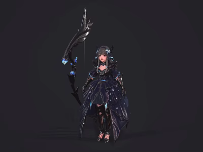 Game Movie Character in Black Armored Gothic Outfit with Blue Crystal Bow and Long Hair 3d model