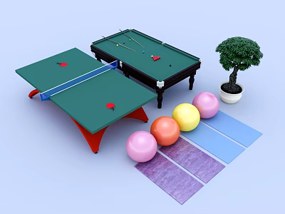 Indoor Sports Fitness Space With Table Tennis Billiard Tables Colorful Balls And Yoga Mats 3d model