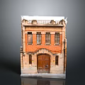 Vintage Red Brick Building With Ornate Facade Wooden Door And Classic Windows