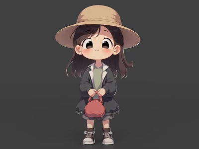 Cute Cartoon Girl Wearing Beige Hat Long Brown Hair Dark Coat Red Bag And Sneakers 3d model