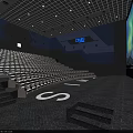 Modern Cinema Interior Design With Comfortable Seats Blue Lighting Stairs And Large Projection Screen