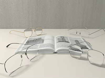 Various Eyeglasses Placed On Open Book With Black And White 3d model