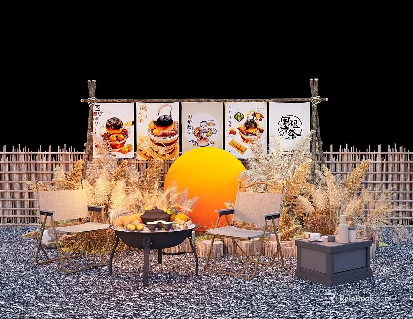 Outdoor Leisure Area With Food Posters Fence Orange Decor Chairs Dry Grass And Gravel Ground 3d model 