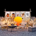 Outdoor Leisure Area With Food Posters Fence Orange Decor Chairs Dry Grass And Gravel Ground