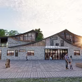 Modern Tourist Center With Gray Brick Exterior Large Windows Sloped Roof And Tree Surrounded Plaza