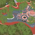 Spacious Children's Play Area With Circular Structures Red Pathways Green Lawns And Shady Trees