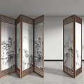 Chinese Style Wooden Folding Screen With Landscape Painting Design In Modern Interior With Potted Plant