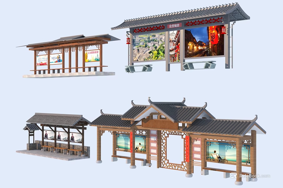 Traditional Chinese Bus Stop Design With Wooden Structure Roof Billboards Seats And Lights 3d model 