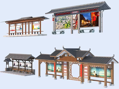Traditional Chinese Bus Stop Design With Wooden Structure Roof Billboards Seats And Lights 3d model