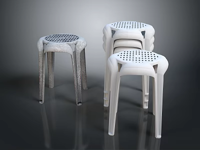 White and Gray Plastic Stools With Perforated Top and Stackable Design 3d model