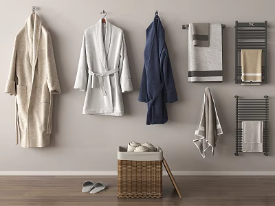 Bathroom Wall With Bathrobes Towels And Wicker Basket 3d model