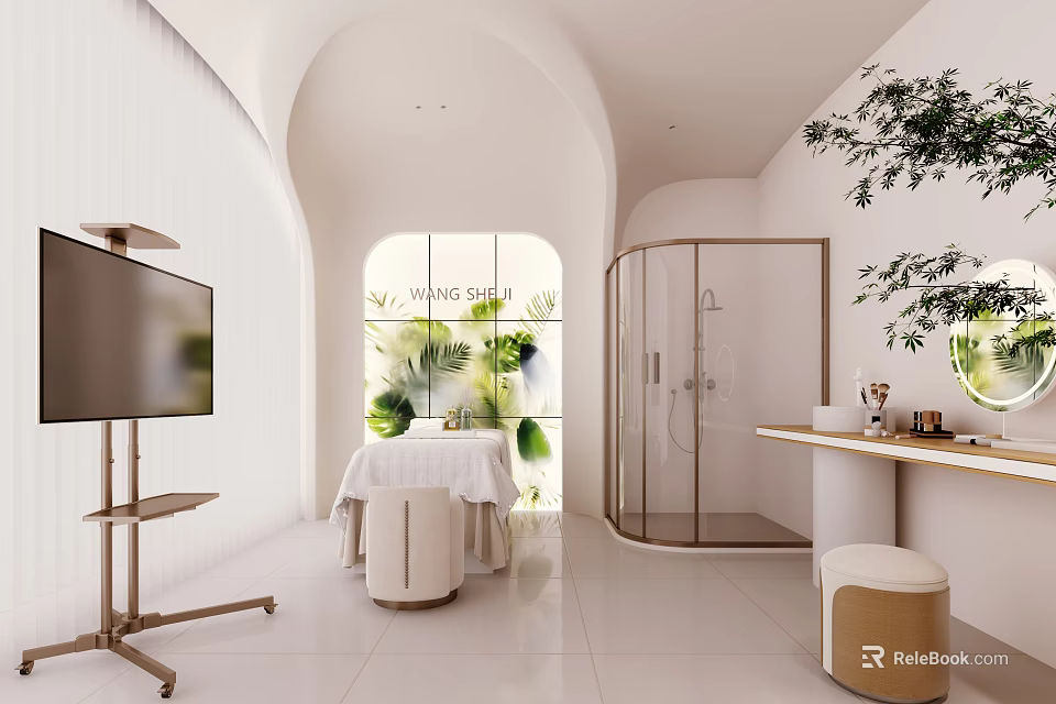 Modern Beauty Hair Salon Interior With Arched Design White Walls And Green Plants Styling Chairs 3d model 