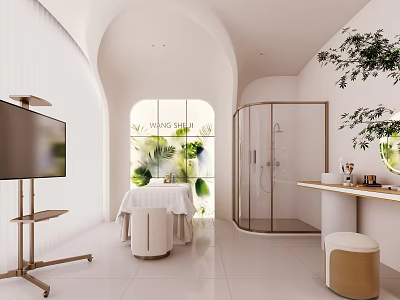 Modern Beauty Hair Salon Interior With Arched Design White Walls And Green Plants Styling Chairs 3d model