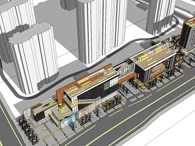 Modern Commercial Street With Modern Buildings Street Shops And Pedestrian Walkway 3d model