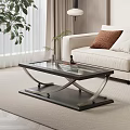 Modern Coffee Table With Glass Top And Metal Frame In Living Room With Plants