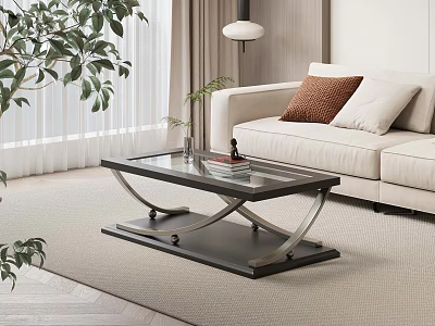 Modern Coffee Table With Glass Top And Metal Frame In Living Room With Plants 3d model