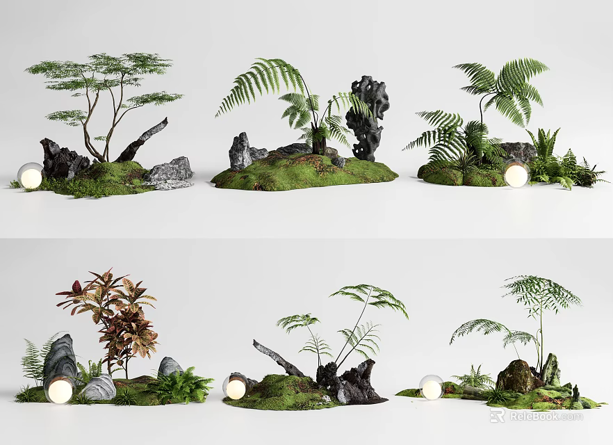 Various Bonsai Potted Plants With Ferns Decorative Stones And Lush Green Moss 3d model 
