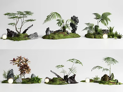 Various Bonsai Potted Plants With Ferns Decorative Stones And Lush Green Moss 3d model