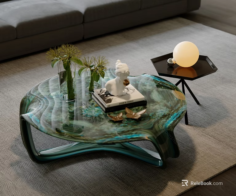 Unique Artistic Irregular Glass Coffee Table With Emerald Texture For Contemporary Luxury Living Room 3d model 