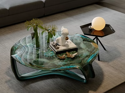 Unique Artistic Irregular Glass Coffee Table With Emerald Texture For Contemporary Luxury Living Room 3d model