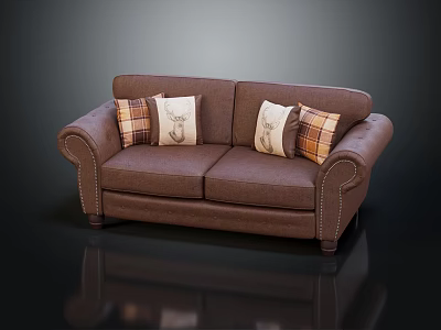 Brown Fabric Two-Seater Sofa with Plaid Decorative Pillows and Stitched Details 3d model