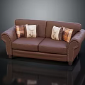 Brown Fabric Two-Seater Sofa with Plaid Decorative Pillows and Stitched Details