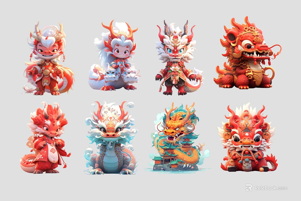 Traditional Chinese Mythical Creatures In Colorful Cartoon Style With Cute Designs 3d model 