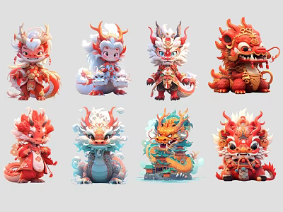Traditional Chinese Mythical Creatures In Colorful Cartoon Style With Cute Designs 3d model