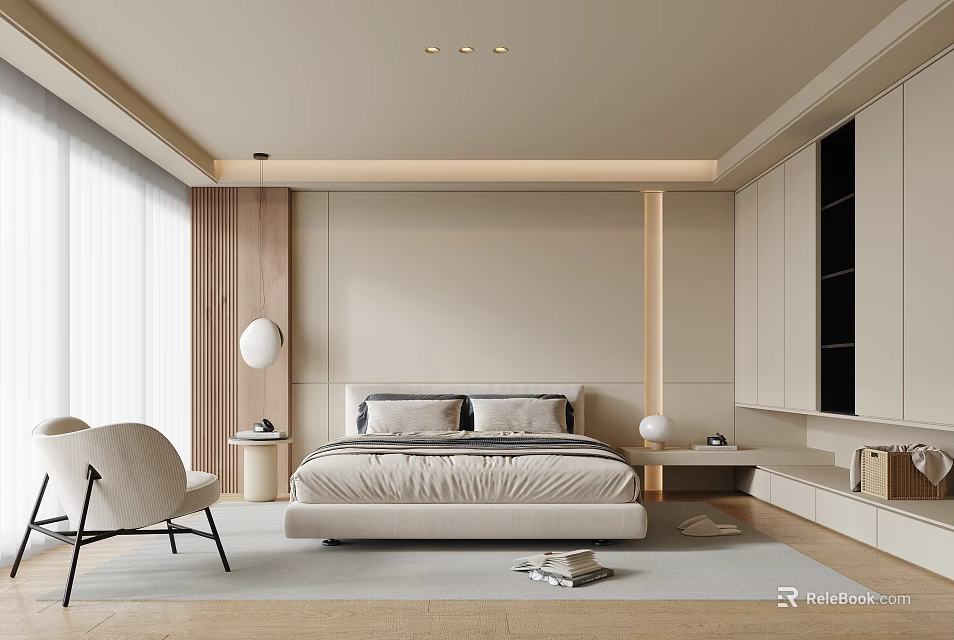 Modern Minimalist Bedroom Interior With Bed Nightstand Chair And Soft Lighting 3d model 