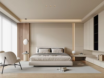 Modern Minimalist Bedroom Interior With Bed Nightstand Chair And Soft Lighting 3d model