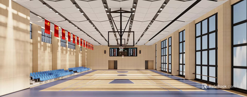 Basketball Gymnasium Featuring Wooden Floor Blue Seats Red Banners Large Windows Scoreboard And Ceiling Lights 3d model 