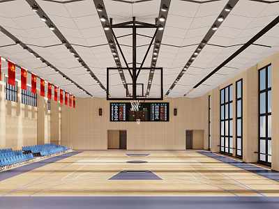 Basketball Gymnasium Featuring Wooden Floor Blue Seats Red Banners Large Windows Scoreboard And Ceiling Lights 3d model