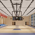 Basketball Gymnasium Featuring Wooden Floor Blue Seats Red Banners Large Windows Scoreboard And Ceiling Lights