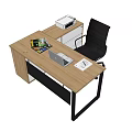 Wooden Office Desk Setup With Laptop Magazine Water Cup Printer And Black Chair