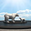 White Polar Bear Mother and Cub Sculpture on Round Platform Under Blue Sky Clouds