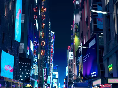 Vibrant Night Urban Street Scene With Neon Signs Bright Billboards And High Rise Buildings 3d model