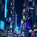 Vibrant Night Urban Street Scene With Neon Signs Bright Billboards And High Rise Buildings