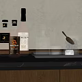 Premium Whiskey Bottles and Crystal Glasses on Black Marble Countertop with Metal Tray