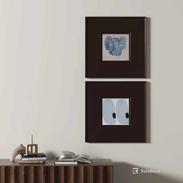 Abstract Paintings Dark Framed With Blue Geometric And Circular Shapes Hanging On Wall 3d model 