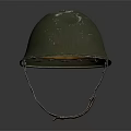 Vintage Green Military Helmet Featuring Worn Surface Scratches And Brown Straps