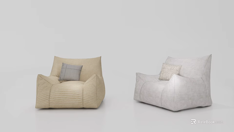 Two Single Sofas in Beige Woven and Light Gray Fabric with Decorative Pillows 3d model
