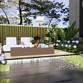 Lush Garden Courtyard With Outdoor Sofa Stone Pathway And Colorful Flowers
